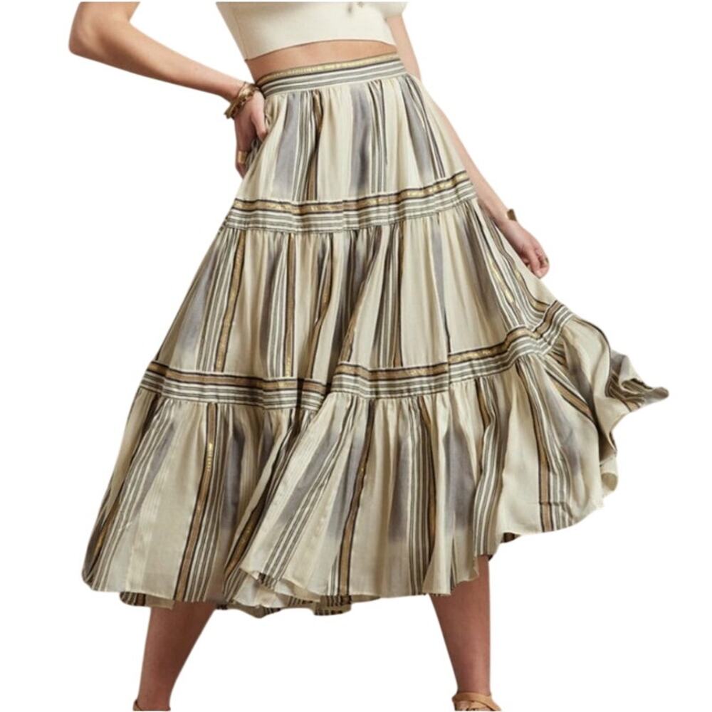 Banana Republic Zephyr Midi Gold Tiered Skirt Size 10 Boho Indie Cottagecore